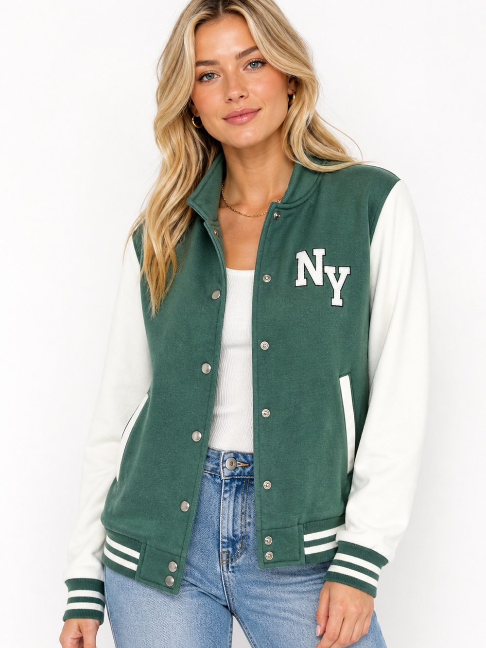 Yankees Size Large Women's New Look Green and White NY Varsity Jacket